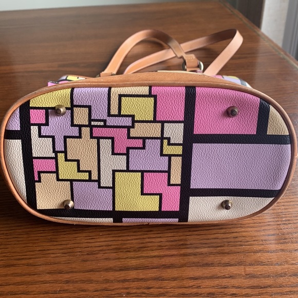 Italian Mondrian style leather yellow/pink/mauve tan straps trim bucket bag EUC - Picture 5 of 9